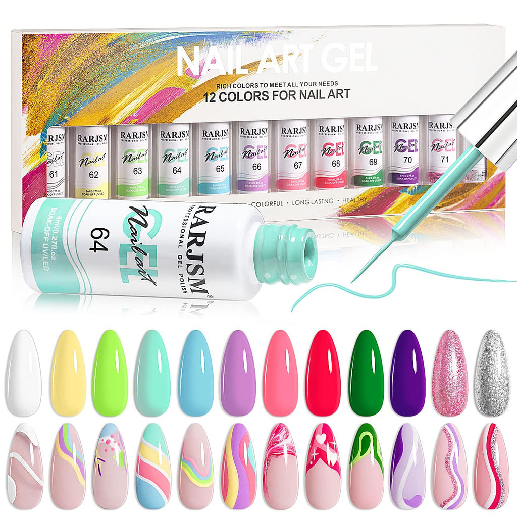 RARJSM Painted Gel Nail Polish Set, Line Art Gel 12 Colors Neon Pink Yellow Green Glitter Silver Gold Nail Art Painting Manicure Tools DIY Drawing NailGel for Line U V L E D Required