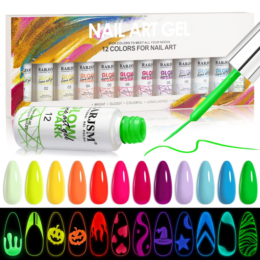RARJSM Painted Gel Nail Polish Set, Line Art Gel 12 Colors Neon Pink Yellow Green Glitter Silver Gold Nail Art Painting Manicure Tools DIY Drawing NailGel for Line U V L E D Required