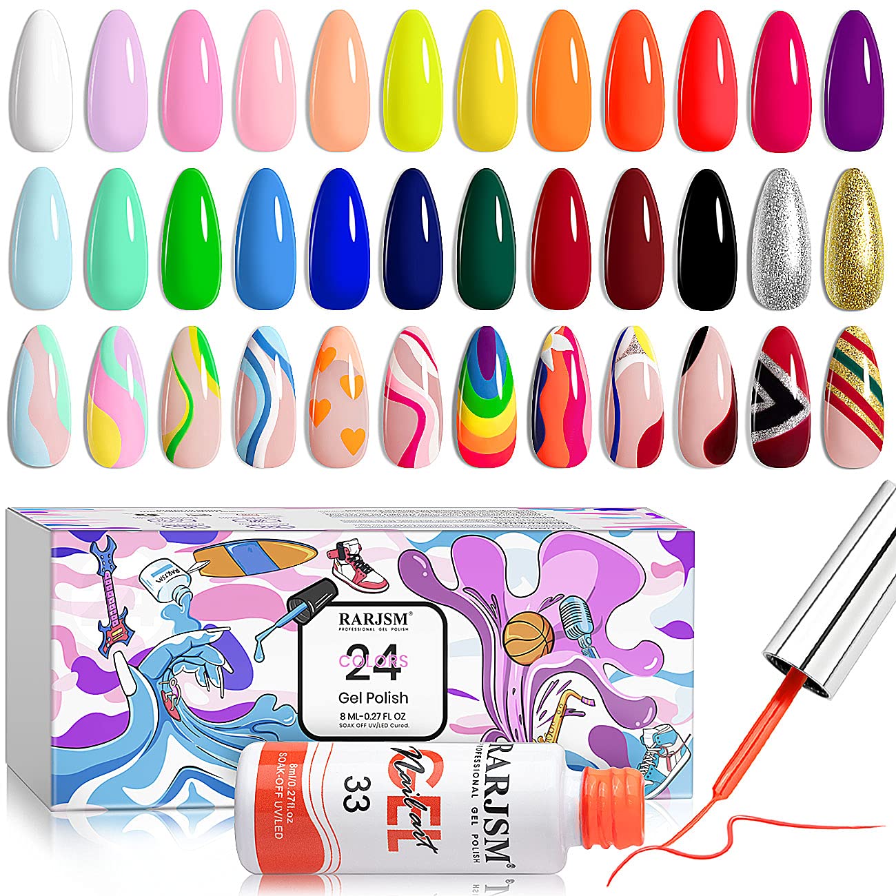 RARJSM Painted Gel Nail Polish Set, Line Art Gel 12 Colors Neon Pink Yellow Green Glitter Silver Gold Nail Art Painting Manicure Tools DIY Drawing NailGel for Line U V L E D Required