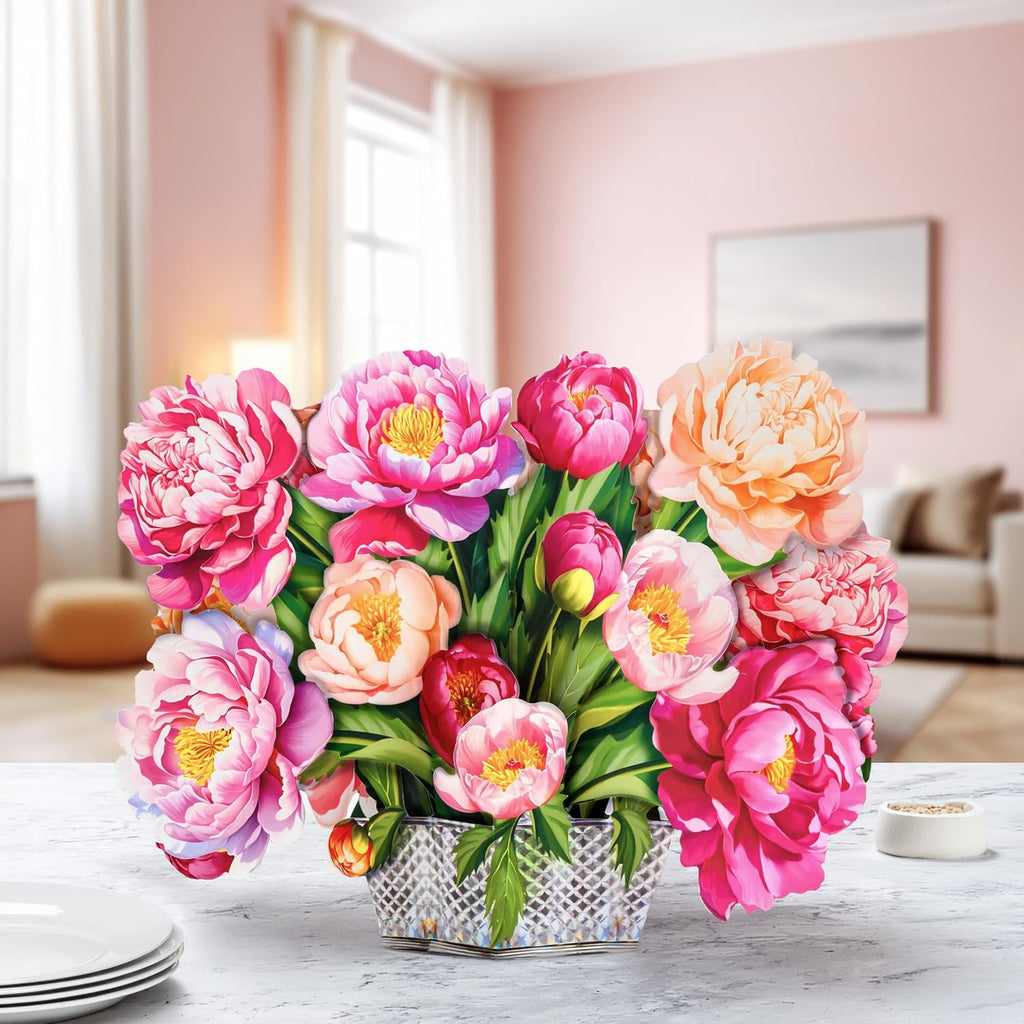 Peony Pop Up Card, 16 Inches Real Size Display 3D Greeting Card, Paper Flower Bouquet, Gift for Mothers Day, Birthday, Valentines Day, Anniversary, Includes Envelope & Message Note