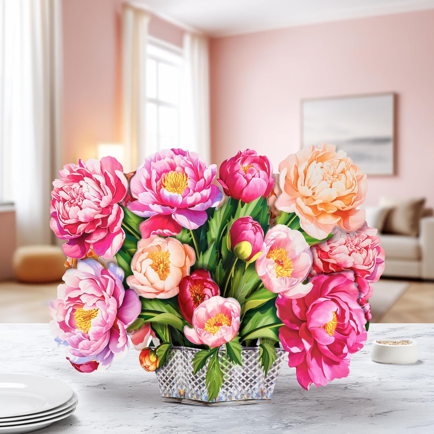 Peony Pop Up Card, 16 Inches Real Size Display 3D Greeting Card, Paper Flower Bouquet, Gift for Mothers Day, Birthday, Valentines Day, Anniversary, Includes Envelope & Message Note