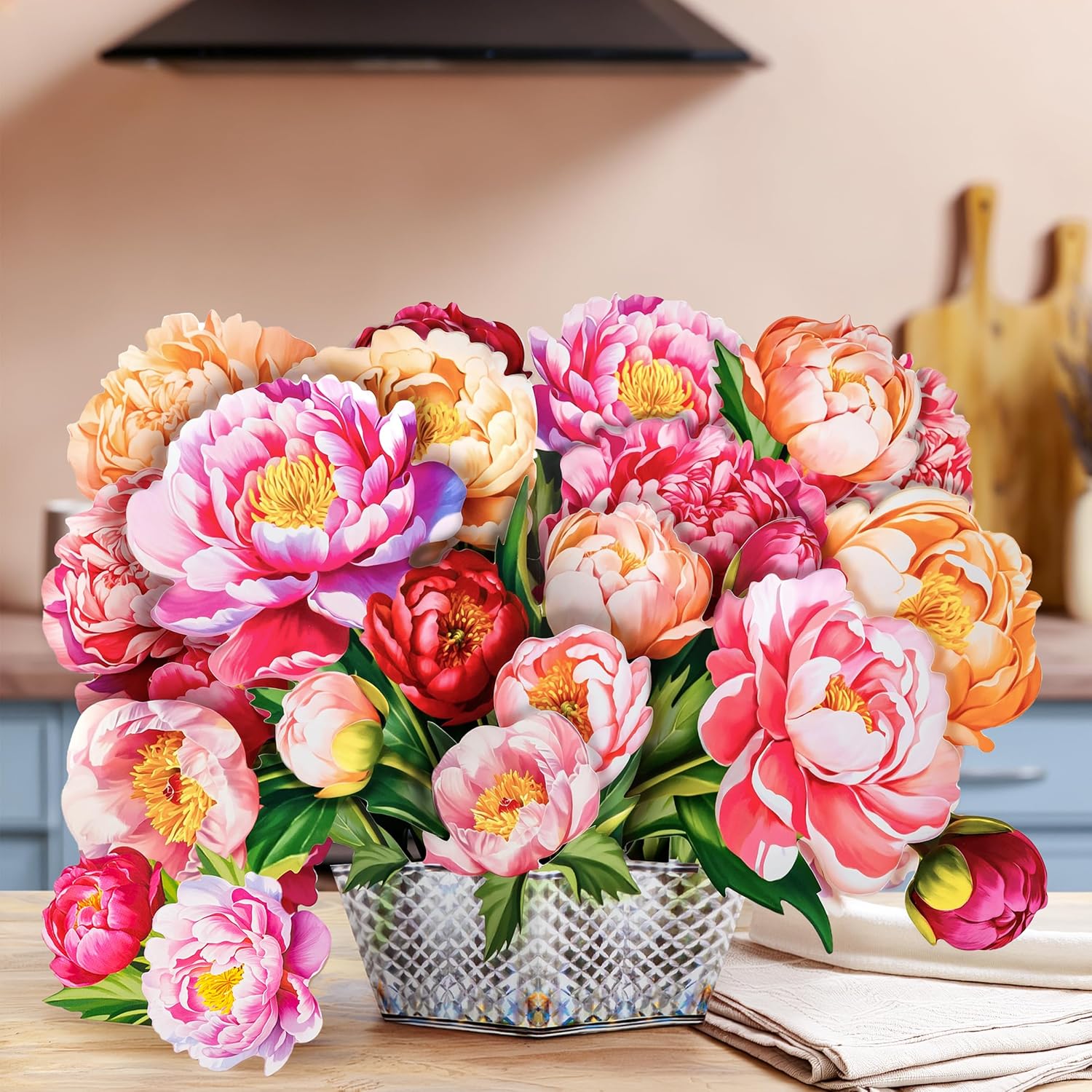Peony Pop Up Card, 16 Inches Real Size Display 3D Greeting Card, Paper Flower Bouquet, Gift for Mothers Day, Birthday, Valentines Day, Anniversary, Includes Envelope & Message Note